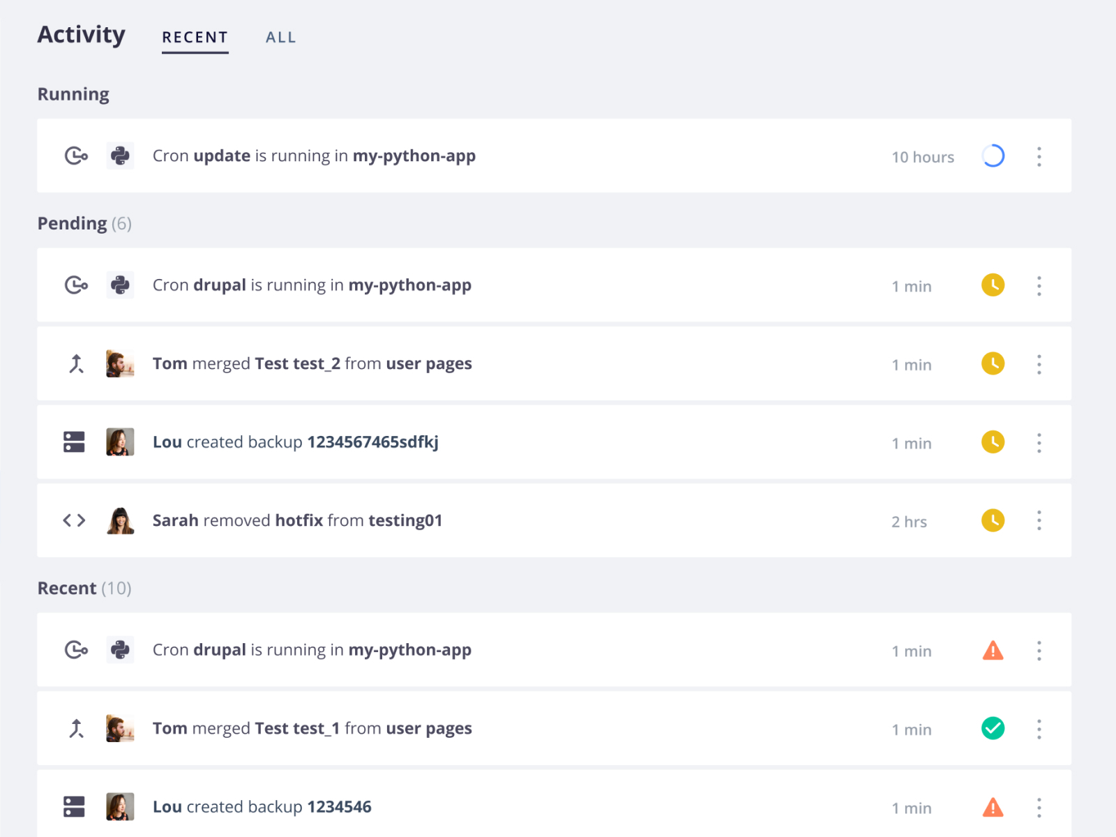 Environment activity list